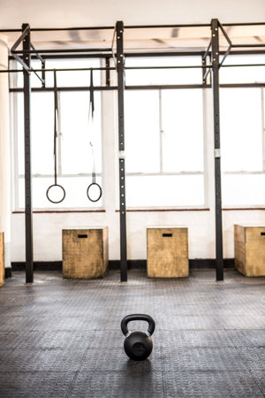 Minimalist gym illustration is featuring flat design pull-up rig, kettlebell, rings and plyo boxes. Industrial, fitness, equipment, training, modern, strength, healthの写真素材