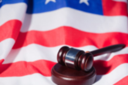High angle view of gavel on American flagの写真素材