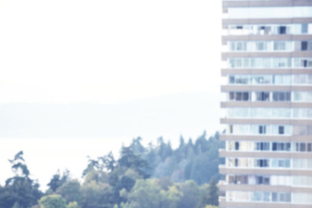 Displaying flat design of tall building with grid balconies and windows beside misty lakeside pines. Urban, architectural, modern, scenic, tranquil, minimalist, landscapeの写真素材