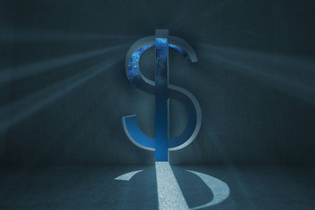 Metallic dollar sign standing in dim concrete chamber revealing starry sky and streaming blue light. Luxury, symbolism, futuristic, abstract, illumination, space, textureの写真素材