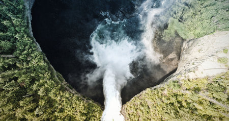 Waterfall that flows into a lake in a forestの写真素材