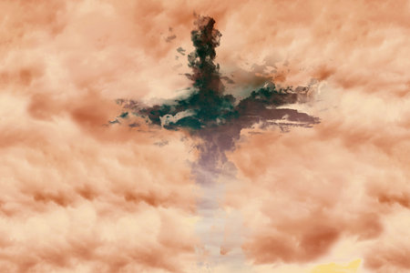 Flat design showing vertical cloud plume rising from warm-toned cloud sea glowing orange at sunset. Atmospheric, abstract, vibrant, scenic, moody, minimalist, awe-inspiringの写真素材