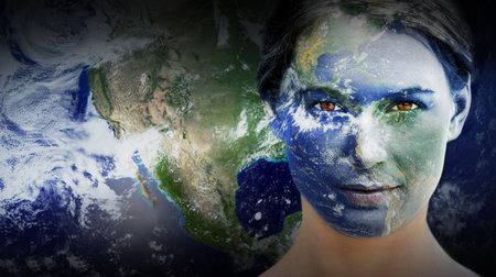 Woman is posing in digital illustration with half-face Earth map overlay and space backdrop. Technology, innovation, surreal, futuristic, environmental, global, artisticの写真素材