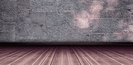 Wooden floor against stone backgroundの写真素材
