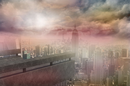 City skyline is unfolding beneath concrete railing in 3D render featuring spire-topped tower. Urban, skyline, metropolis, architecture, panoramic, modern, aerialの写真素材