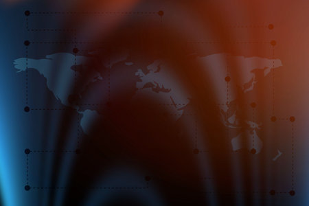 Abstract art is showing map silhouette over gradient with dashed lines nodes and vertical beams. Geography, network, connectivity, technology, digital, futuristic, visualisationの写真素材