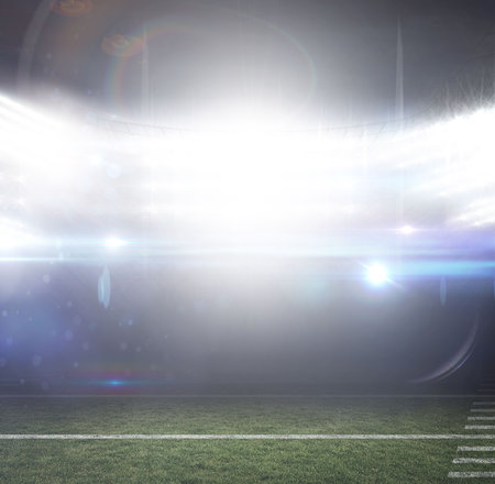 Empty football field is glowing under stadium floodlights in flat style with yard lines, copy space. Stadium, sports, illumination, grass, night, arena, competitionの写真素材