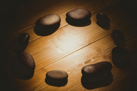 High angle view of pebbles on wooden floorの写真素材
