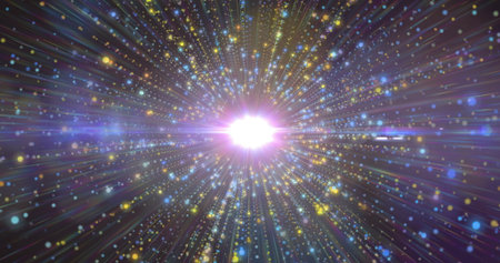 Image of bright light burst with colorful particles radiating dynamically. vibrant, explosion,...