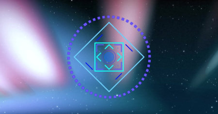 Displaying central HUD over starfield, with magenta circle, light blue diamond and central node....