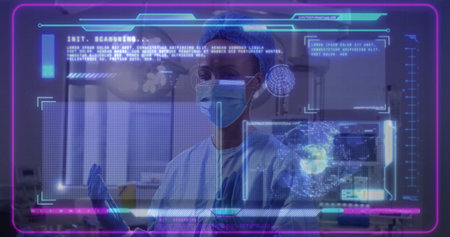 Medical worker scanning holographic interface at lab wearing scrubs mask gloves with pipette. Clinical, futuristic, technology, diagnostics, innovation, healthcare, scientificの写真素材