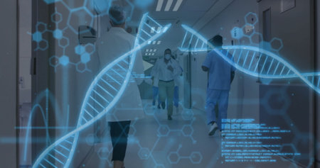 Medical professional in lab coat and mask moving fast in hospital corridor, with DNA helix overlay....