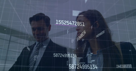 Discussing data, business professionals with digital numbers overlaying scene. technology, data...