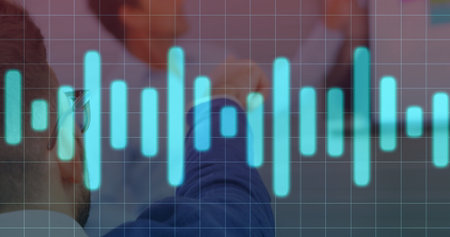 Raising hand man in blue blazer in conference room with turquoise waveform grid overlay, copy space....