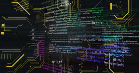 Displaying interface graphic on screen blending JavaScript HTML code and yellow circuit traces....