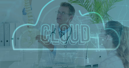 Gesturing doctor holding anatomical spine model at medical office desk, with cloud hologram overlay....