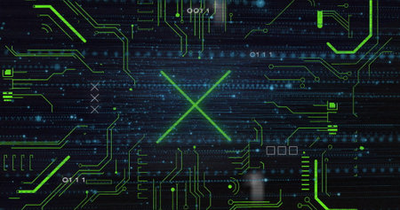 Streaming binary digits and neon-green traces moving across cyber interface, forming glowing X....