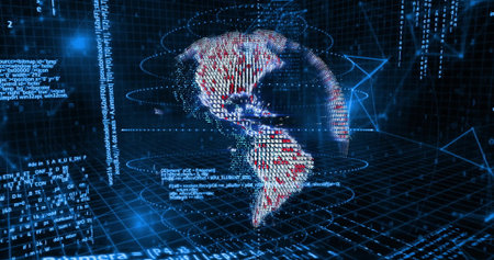 Rotating red and white points forming 3D globe over dark-blue grid, with light rings, code snippets....