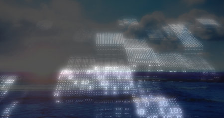 Displaying translucent digital grid panels hovering over open ocean, with glowing binary digits....
