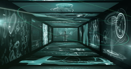 Displaying glowing silhouette engaging with holographic data in research corridor, with DNA helix....