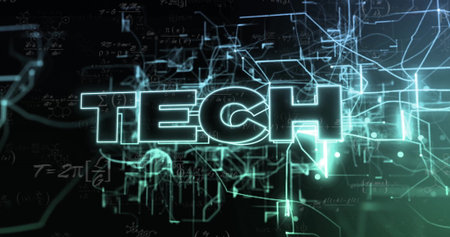 Glowing neon TECH text pulsing in dark digital space, with circuit nodes and floating formulas. Futuristic, cyber, digital, technology, innovation, network, abstractの写真素材