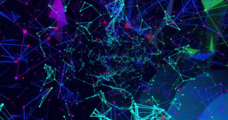 Pulsing abstract network forming 3D web in dark virtual space, with glowing nodes lines shapes....