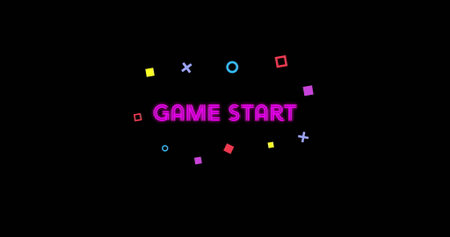 Displaying neon pink GAME START text flashing on LED screen, with colored geometric shapes floating....