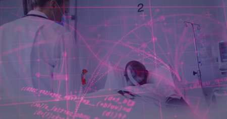 Monitoring woman doctor assessing breathing via oxygen mask on hospital bed displaying data overlay. Medical, healthcare, clinical, diagnostics, professionalism, safety, vitalityの写真素材