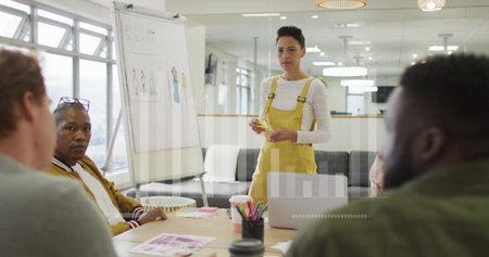 Presenting woman in yellow overalls pointing at flipchart at meeting table, copy space....