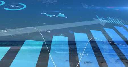 Displaying data overlaying ocean, showing bars and line graph, progress circle, arrow. Technology,...