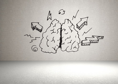 Showing drawn brain splitting into halves on textured wall with sketchy doodles above smooth floor. Abstract, illustration, concept, creativity, neuroscience, imagination, minimalismの写真素材