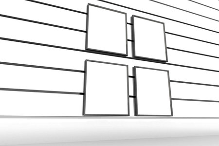 Four frames showing minimalist gallery wall in flat design with black slim rails and white platform....