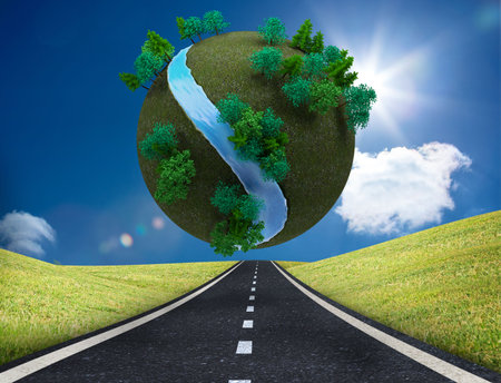 Futuristic earth floating in skyの写真素材