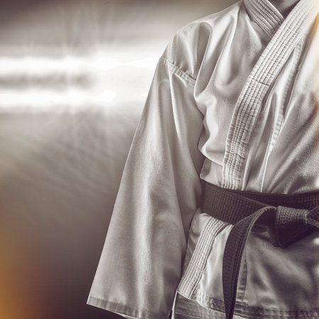 Midsection of female martial artist standing against illuminated lightsの写真素材