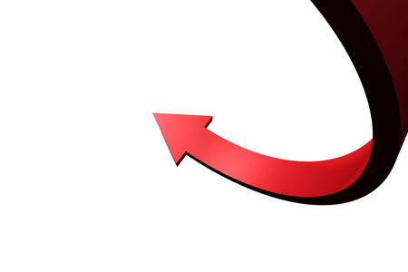 Large red curved arrow is sweeping across white background in flat design with 3D shading. Directional, graphic, modern, navigation, minimalism, illustration, vectorの写真素材