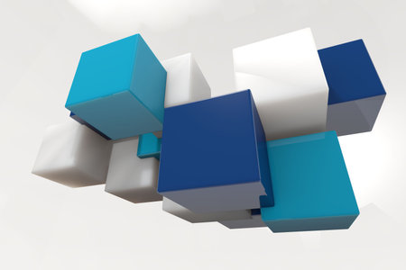 Floating 3D cubes in white dark and light blue casting shadows and reflections on gradient backdrop....
