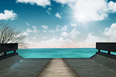 Flat design boardwalk is extending onto concrete pier showing black railings and grasses under sky....