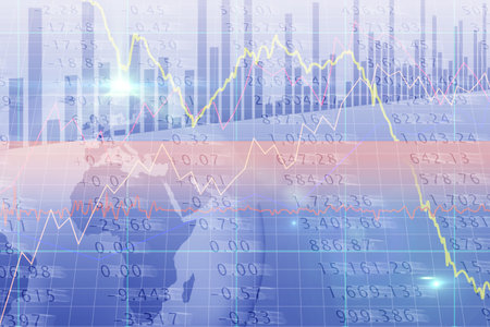 Yellow line chart is overlaying pink and red lines over blue bar graphs in flat design. Finance,...