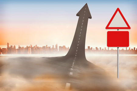 Surreal flat design arrow-shaped road is rising from misty sand with blank red signs, skyline. Abstract, futuristic, minimalism, navigation, innovation, guidance, horizonの写真素材