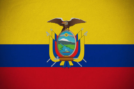 Ecuadorian flag is being displayed in flat design with shield and condor, transparent background. Patriotism, national emblem, symbolism, government, identity, cultural heritage, officialの写真素材