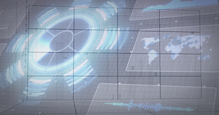 Displaying virtual console showing grid overlay with holographic chart, world map, signal waveform....
