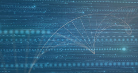 Sweeping white helix arcing across virtual data grid, with binary sequences, dotted lines and orbs....