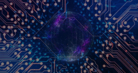 Floating wireframe sphere glowing purple and blue against circuit board traces, with luminous nodes....