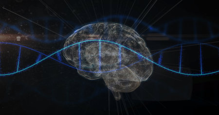 Holographic brain model glowing with blue DNA helix in digital lab, with light rays, particle lines....