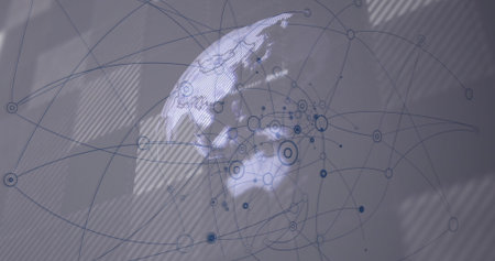 Displaying globe projection with circular nodes and network lines on wall with diagonal stripes....