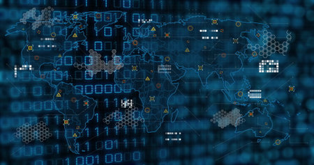 Overlaying world map on blue binary grid in interface, with hex clusters, warning icons and markers....
