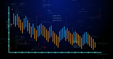 Displaying downward-trending orange and light blue bars on cyber UI, with neon teal axes and code....