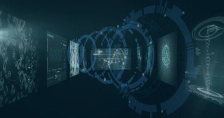 Displaying central holographic interface floating through corridor, with data panels and DNA helix....