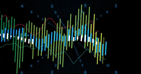 Financial data chart pulsating on dark dashboard with colored bars, red and green lines, gridlines....