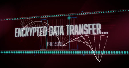 Digital interface display showing encrypted data transfer in dark red environment, with data nodes. Technology, cybersecurity, data, network, security, digital, scalableの写真素材